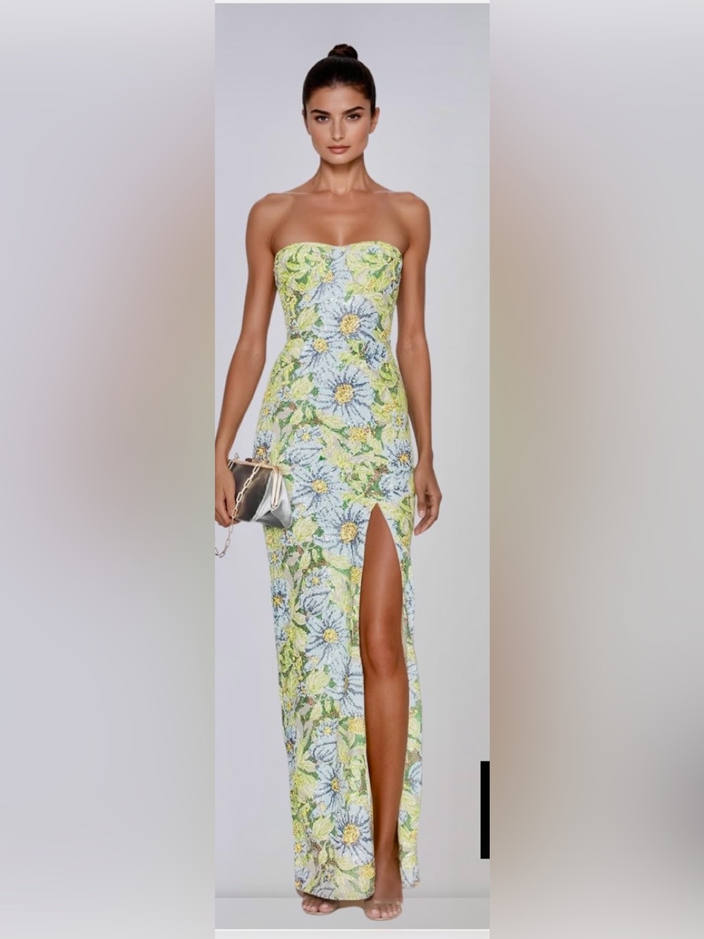 Strapless Floral Maxi Dress in Pastel Blue and Yellow